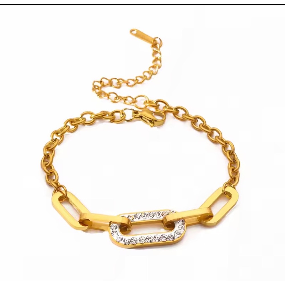 Gold Tone Pave Crystal Paperclip Link Chain Bracelet Adjustable Women Jewelry